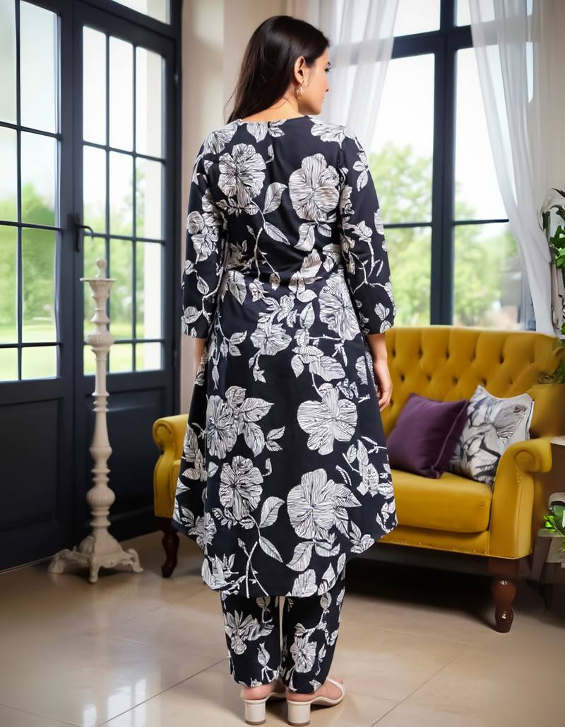 Black printed cotton kurta trouser set
