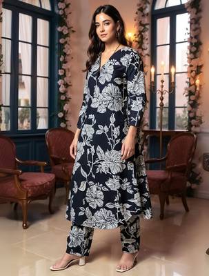 Black printed cotton kurta trouser set 3
