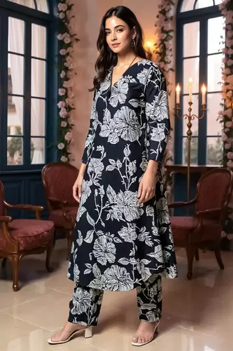 Black printed cotton kurta trouser set