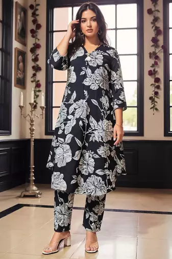 Black printed cotton kurta trouser set