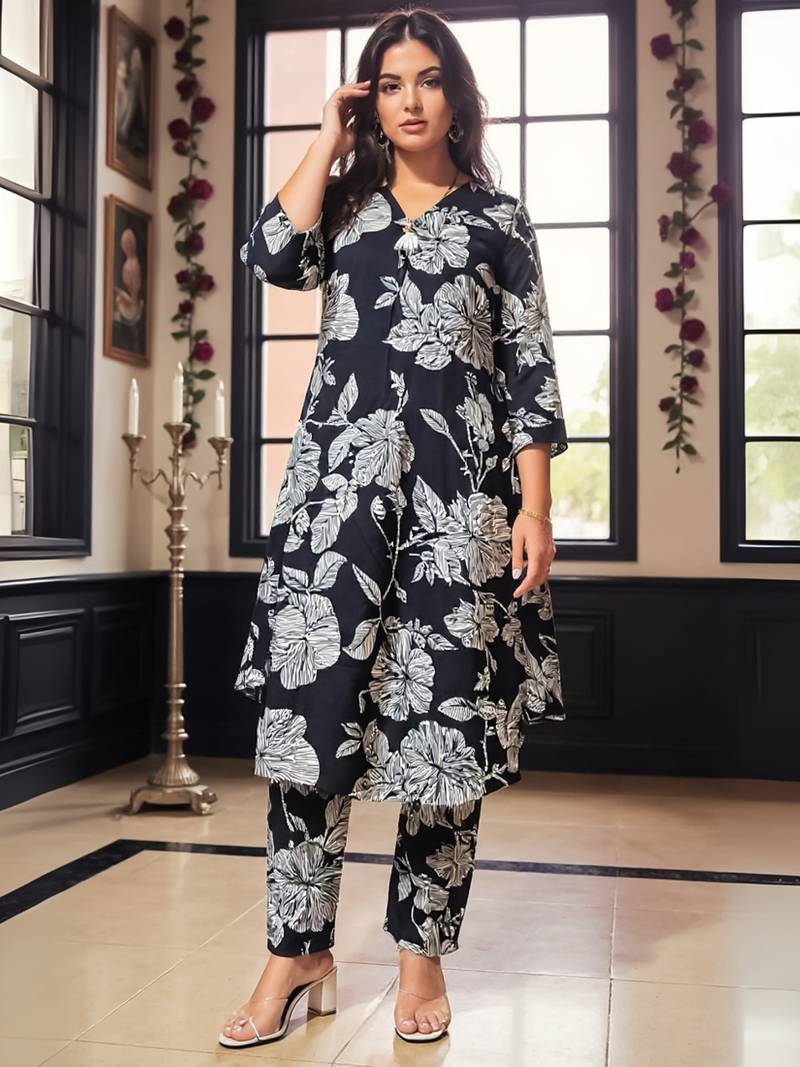 Black printed cotton kurta trouser set