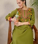 Green embroidered cotton kurta trouser set