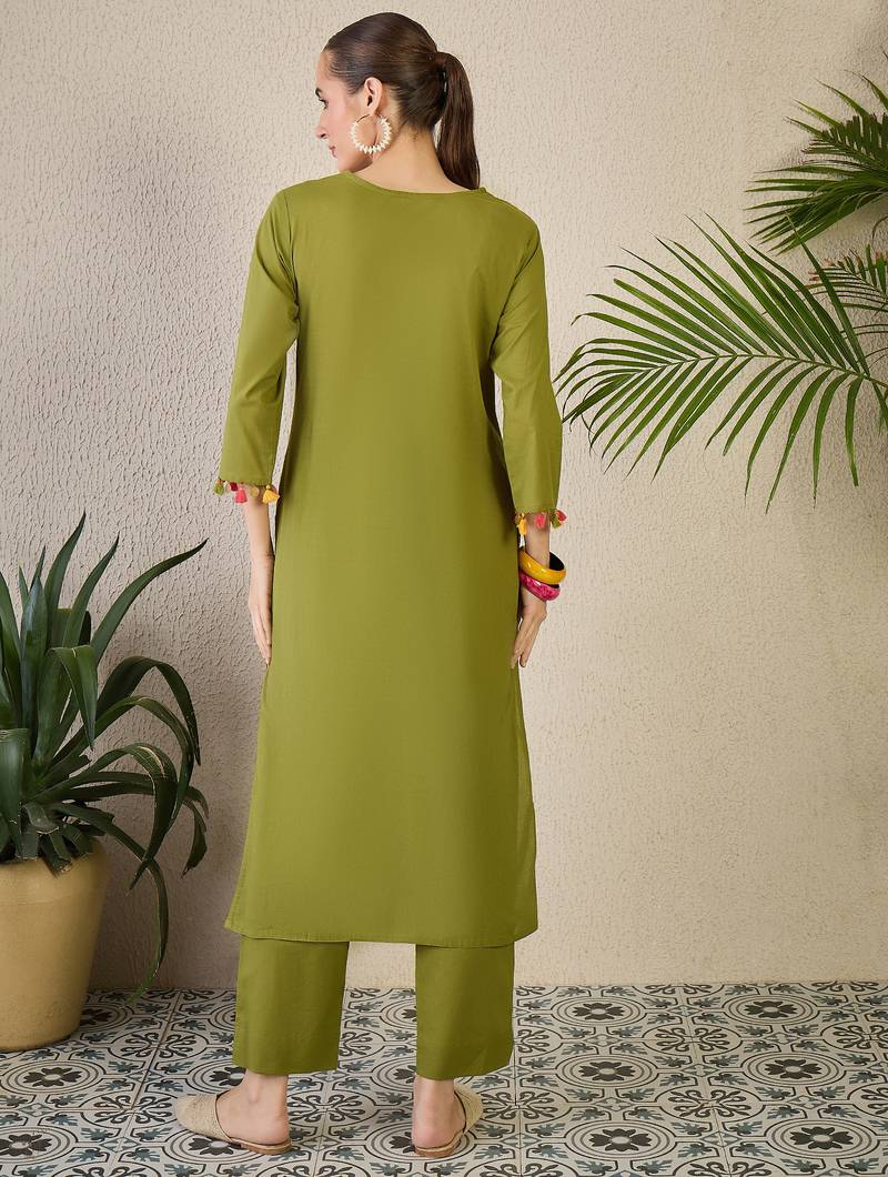 Green embroidered cotton kurta trouser set