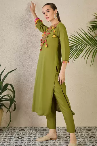 Green embroidered cotton kurta trouser set