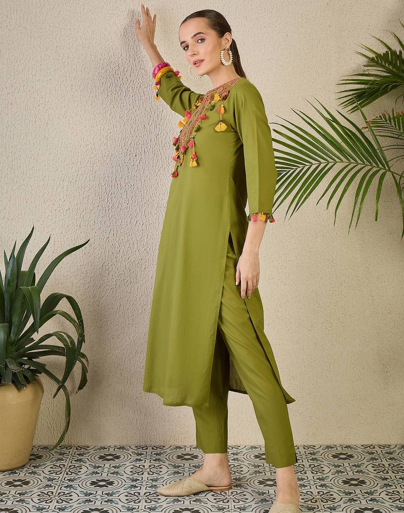 Green embroidered cotton kurta trouser set