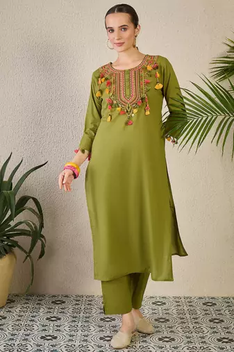 Green embroidered cotton kurta trouser set