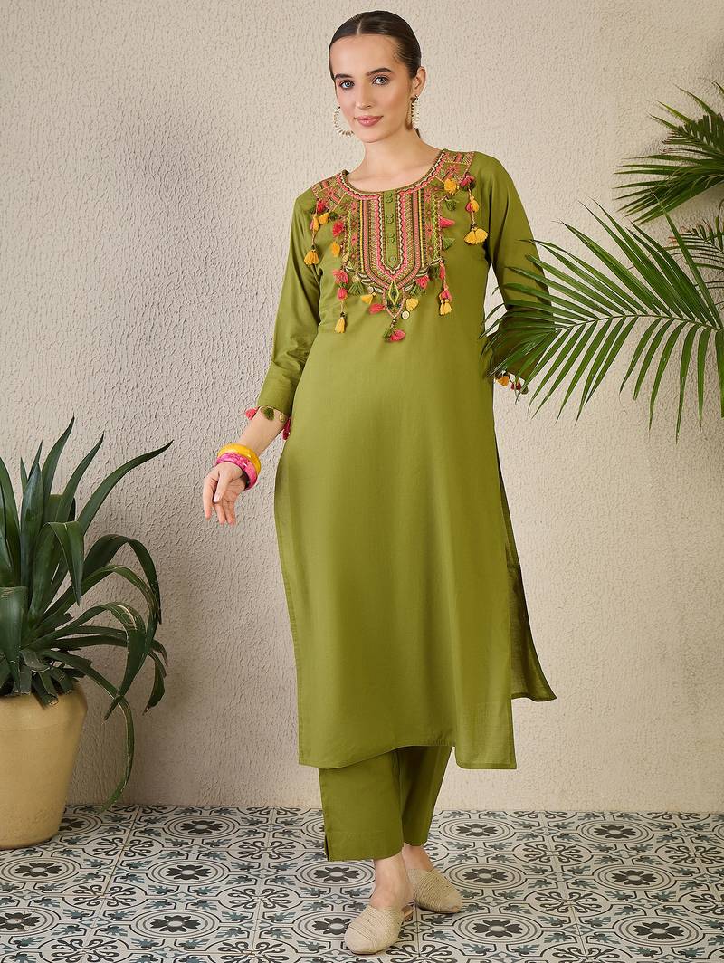 Green embroidered cotton kurta trouser set