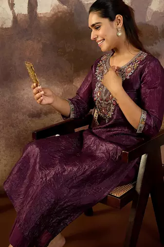 Burgundy embroidered silk kurta trouser set