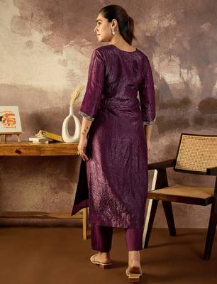 Burgundy embroidered silk kurta trouser set 3