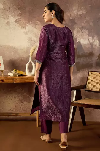Burgundy embroidered silk kurta trouser set