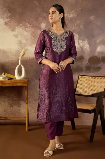 Burgundy embroidered silk kurta trouser set