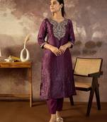 Burgundy embroidered silk kurta trouser set