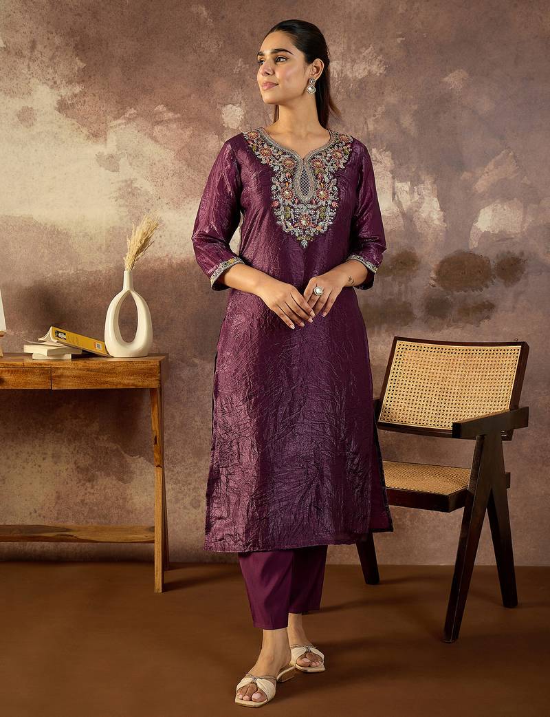 Burgundy embroidered silk kurta trouser set