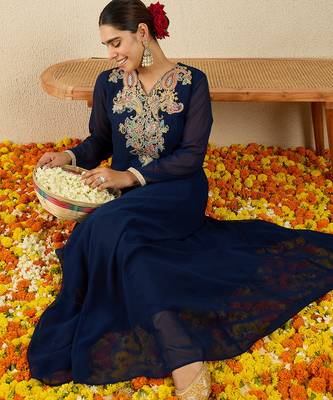 Blue embroidered georgette kurta trouser set 1