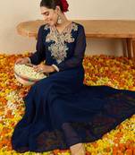 Blue embroidered georgette kurta trouser set