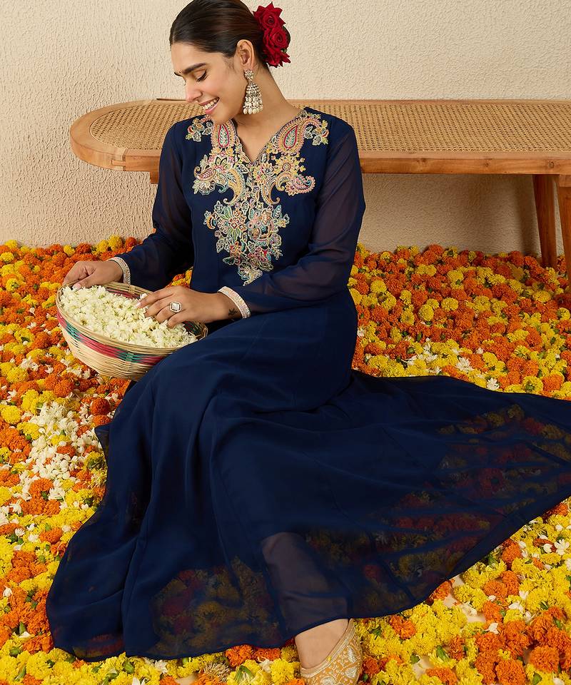 Blue embroidered georgette kurta trouser set