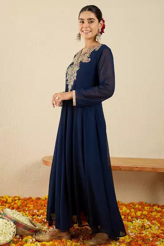 Blue embroidered georgette kurta trouser set