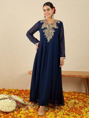 Blue embroidered georgette kurta trouser set 4
