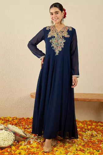 Blue embroidered georgette kurta trouser set