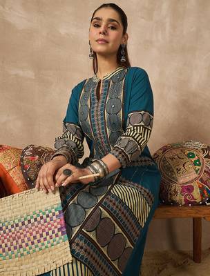 Teal printed cotton kurta trouser set 1