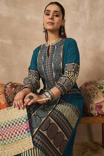 Teal printed cotton kurta trouser set