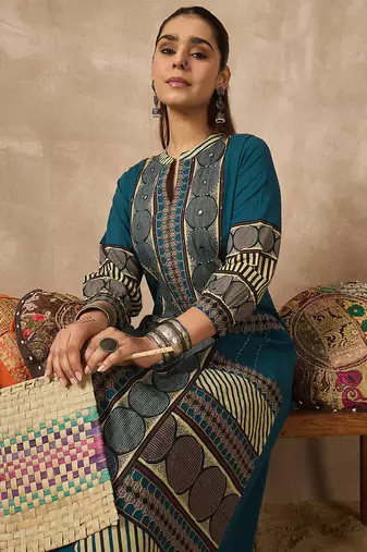 Teal printed cotton kurta trouser set