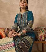 Teal printed cotton kurta trouser set