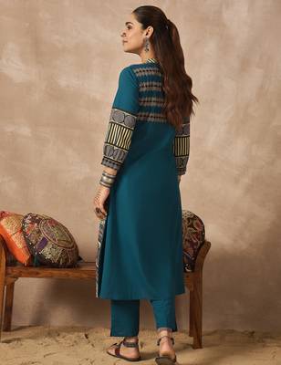 Teal printed cotton kurta trouser set 2