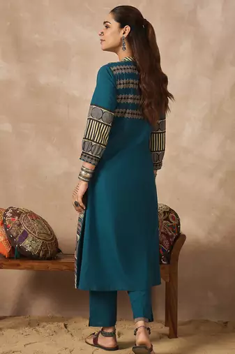 Teal printed cotton kurta trouser set