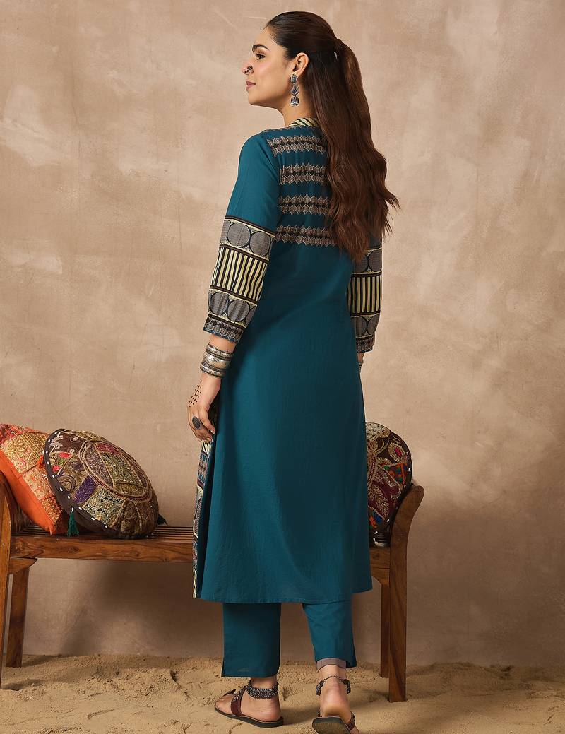 Teal printed cotton kurta trouser set
