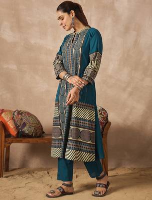 Teal printed cotton kurta trouser set 3