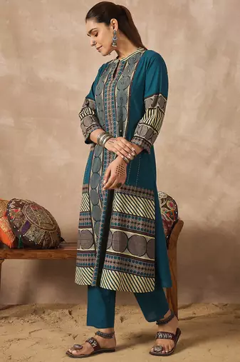 Teal printed cotton kurta trouser set