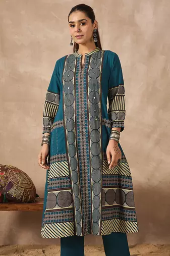 Teal printed cotton kurta trouser set