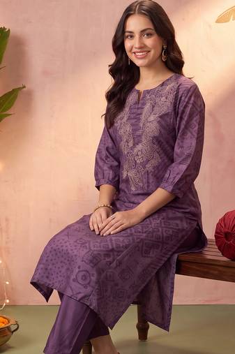 Burgundy printed silk kurta trouser set