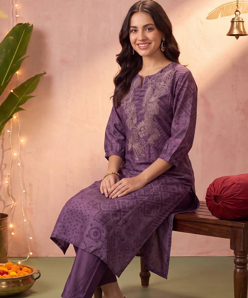 Burgundy printed silk kurta trouser set