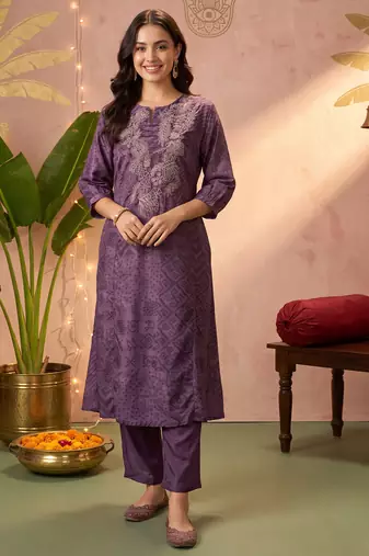 Burgundy printed silk kurta trouser set