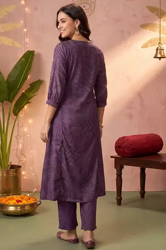 Burgundy printed silk kurta trouser set