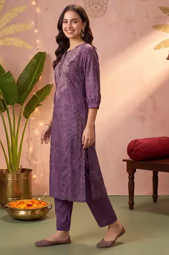Burgundy printed silk kurta trouser set