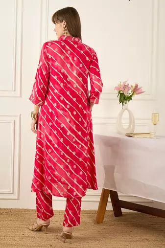 Pink printed viscose rayon kurta trouser set