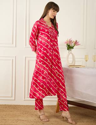 Pink printed viscose rayon kurta trouser set 3