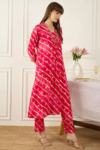 Pink printed viscose rayon kurta trouser set