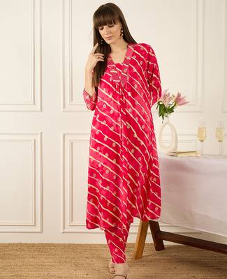 Pink printed viscose rayon kurta trouser set 4