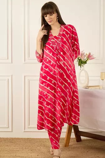 Pink printed viscose rayon kurta trouser set