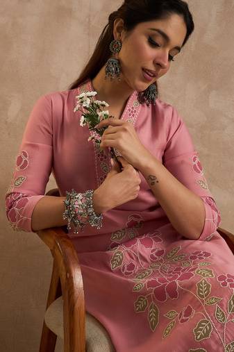 Pink embroidered silk kurta trouser set