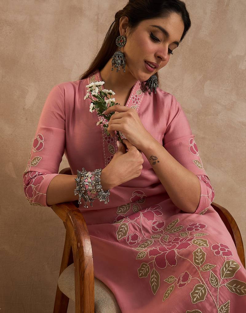 Pink embroidered silk kurta trouser set