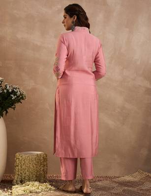 Pink embroidered silk kurta trouser set 2