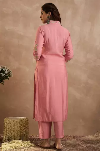 Pink embroidered silk kurta trouser set