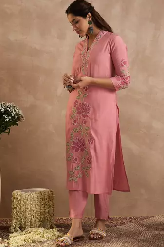 Pink embroidered silk kurta trouser set
