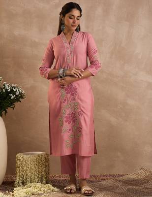 Pink embroidered silk kurta trouser set 4