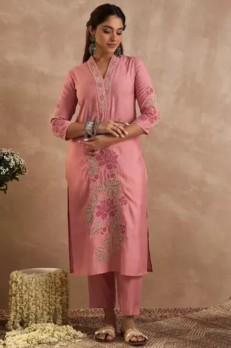 Pink embroidered silk kurta trouser set